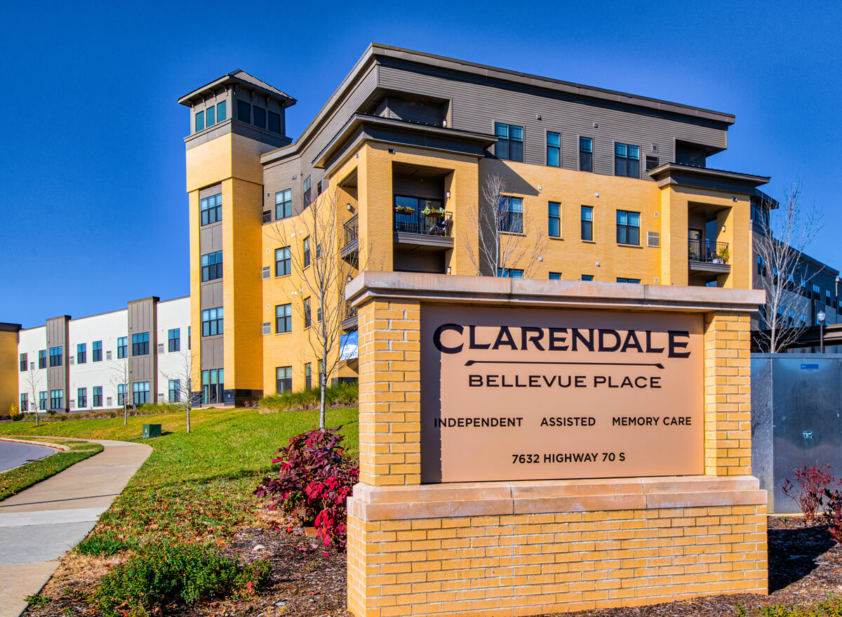 Clarendale At Bellevue Place Side view highlighting welcome sign